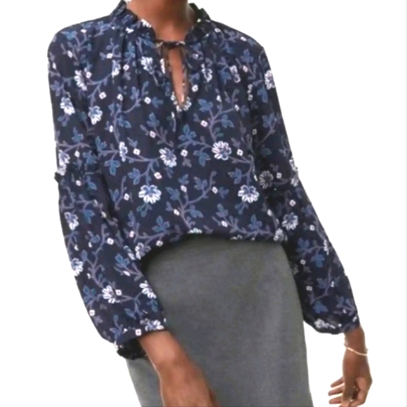 Navy Blue Tropical Floral Print Blouse With Ruffle Sleeves
